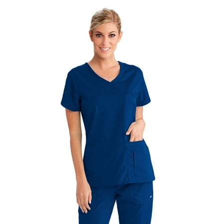 

BARCO Grey s Anatomy Women s Cora Top Crossover V-Neck Medical Scrub Top w/ 4 Pockets & Tulip Sleeves Indigo XL