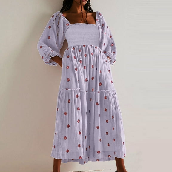 Njagoc3 Womens Short Sleeve Square Neck A - Line Midi Dress, Printed, Casual Daily & Picnic Outfit