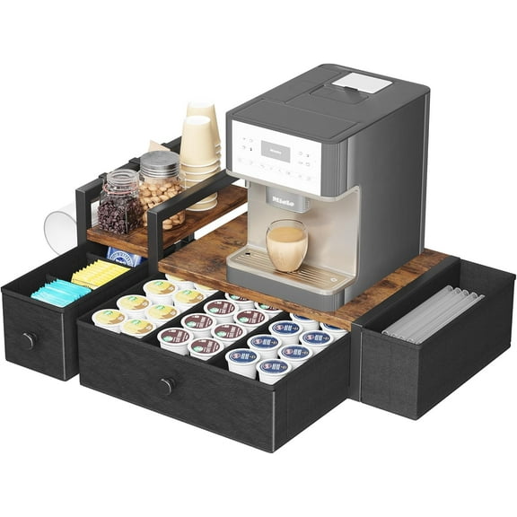 Coffee Pod Drawers - K Cup Organizer, Nespresso Pods Holder with Mug Rack, Coffee Holder for Countertop, 52 Capacity Pods, Suitable for Kitchens, Offices and Coffee Bars(Brown)