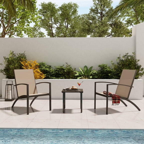 LAUSAINT HOME 3 Pieces Outdoor Bistro Set, 2 Textilene Chairs and 1 Coffee Table, Beige