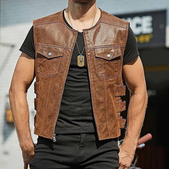 Jienlioq Winter Coats for Men Men's Solid Color Motorcycle Stand Up Collar Leather Punk Men's Camisole