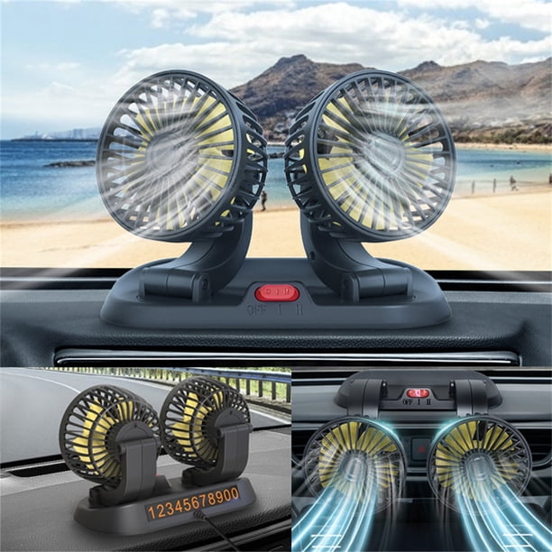 Ventilador de coche ajustable de doble cabeza a 360° con clip - motor sin escobillas de bajo ruido, control de 2 velocidades para la ventilación y circulación del aire
