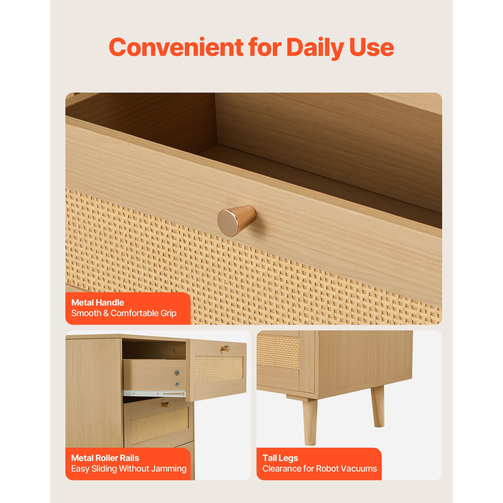 KFFKFF 5-Drawer Rattan Dresser with Metal Handles and Wooden Legs, Modern Storage Organizer for Bedroom, Living Room, or Hallway