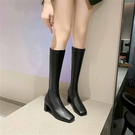 

ERTUTUYI Fashion Autumn And Winter Women Knee High Boots Thick Heel Middle Heel Square Toe Solid Color Back Zipper Comfortable And Casual Black 39