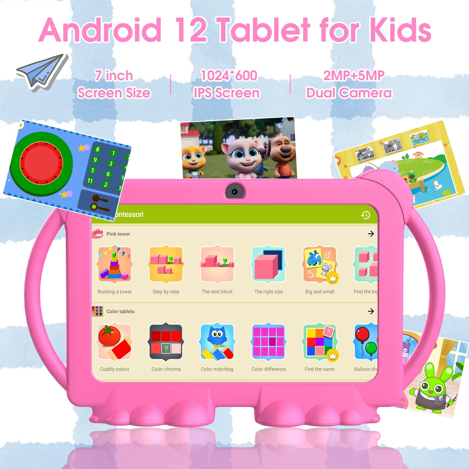 Kids Tablet, 7 inch Android 12 Tablet for Kids, 4GB RAM 32GB ROM 512GB Expand, Toddler Tablet with Parental Control, IPS Screen, Dual Camera, Educational, Games, Shockproof Case for Boys/Girls, Pink