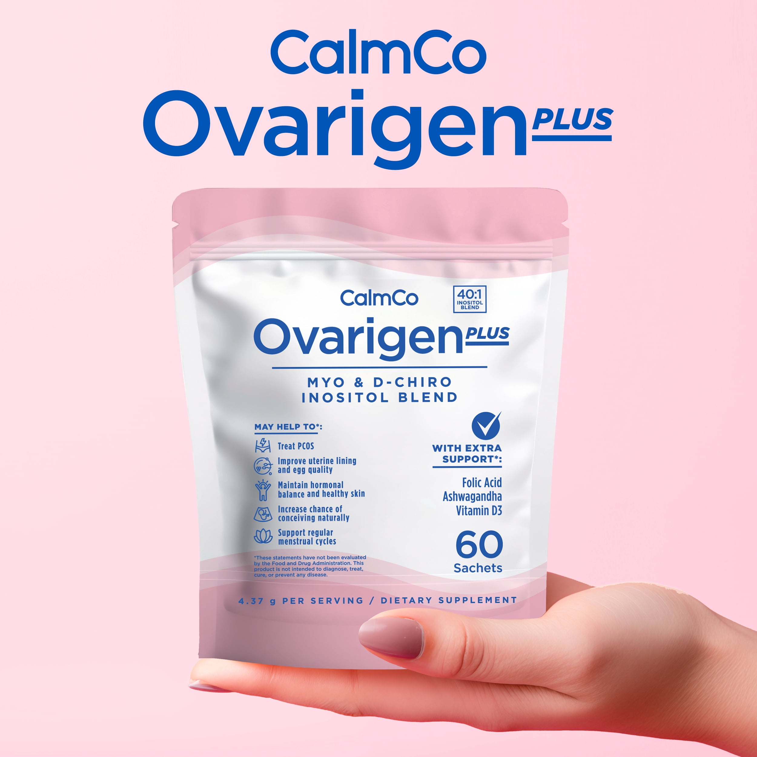 Ovarigen Plus, Myo & D-Chiro Inositol Blend Sachets, 40:1 Ratio with Folic Acid, Ashwagandha & Vitamin D3, May Help Manage PCOS Symptoms*, Support Hormone Balance, Only 1 Sachet Daily, 60 Day Supply