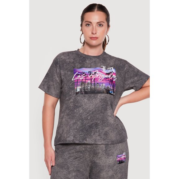 Women's Plus Size Acid Wash Los Angeles Graphic Crew Neck T-Shirt