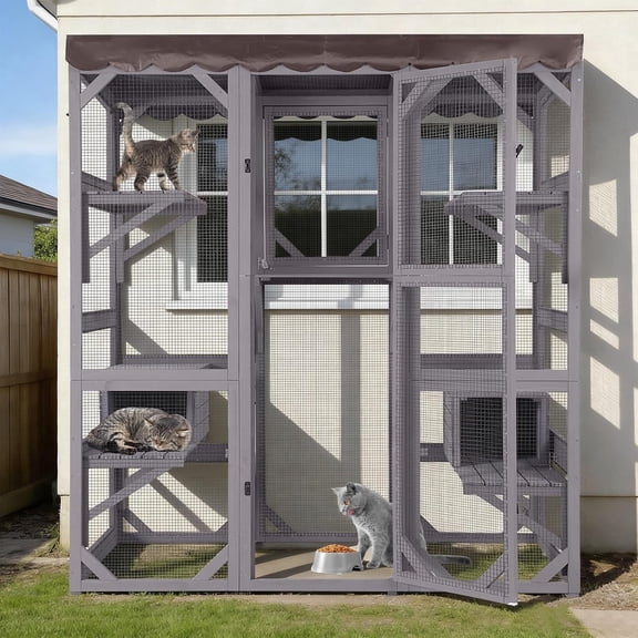 MEDEHOO Catio Cat Enclosure Large Window Cat House for Outdoor Cats, Walk-in Kitty Cage with Tarp Roof, 7 Platforms, 2 Resting Boxes, Indestructible Feral Cat Shelter for Backyard - Grey