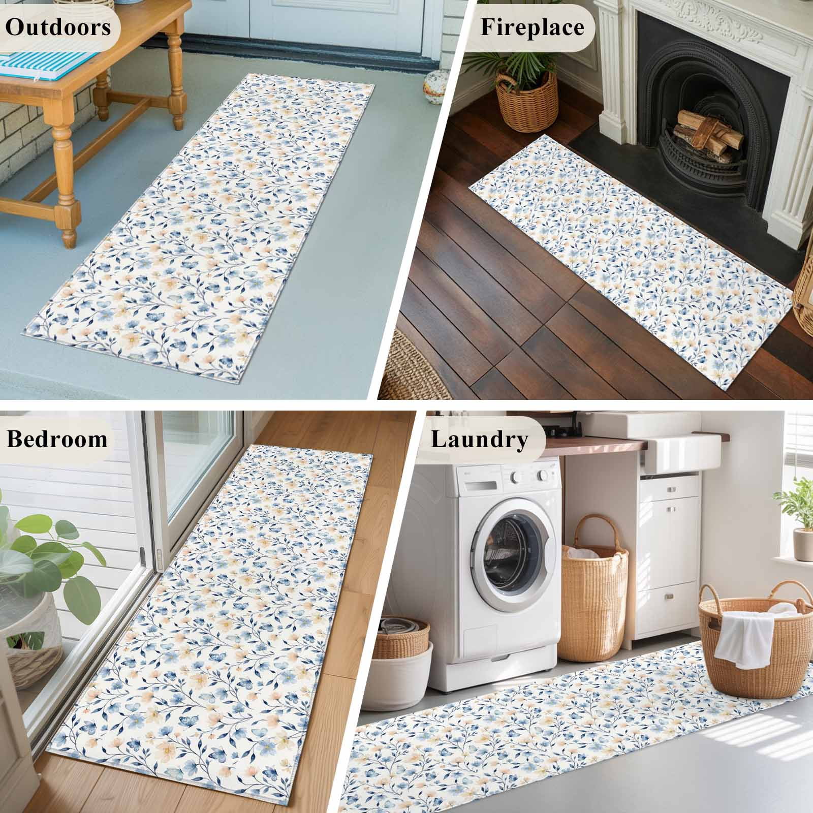 Kitchen Runner 2 x 6 Ft, Blue Pink Flowers Non-Slip Residential Carpet, Spring Floral Elegant Pastoral Watercolor Indoor Crawling Mats Runner Rugs for Living Room/Dining Room/Bedroom
