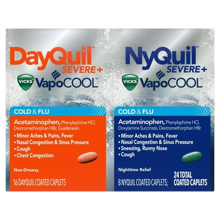 DayQuil and NyQuil SEVERE with Vicks VapoCOOL Cough, Cold & Flu Relief, 24 Caplets (16 DayQuil & 8 NyQuil) - Relieves Sore Throat, Fever, and Congestion, Day or