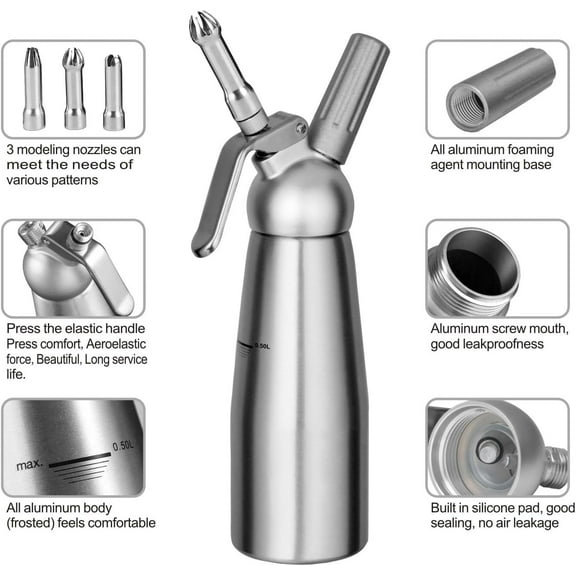 Professional Aluminum Whipped Cream Dispenser Cream Maker for Desserts Gourmet Cream Whipper with Decorating Nozzles