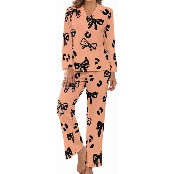 Top-kevin Women Long Sleeve Pajama Set Comfy Pjs Sets Bow Print Orange 2 Piece Lounge Set