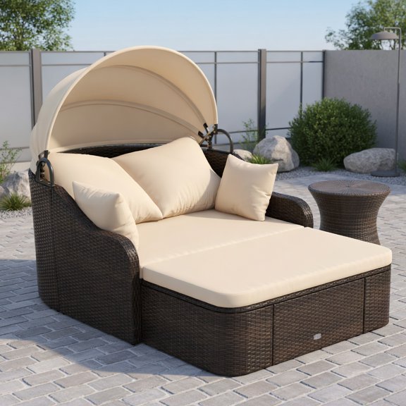 Topcobee Patio PE Rattan Daybed with Retractable Canopy and Soft Cushions, Double Sofa Bed, Outdoor Bed with Canopy for Balcony Garden Backyard Lawn, Beige