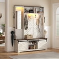 thumbnail image 2 of ChVans 75" Hall Tree with Mirror & LED, Farmhouse Entryway Bench with Shoe Storage, Coat Rack, Sliding Barn Door, Umbrella Holder & Top Storage Cabinet, 59"W, White, 2 of 10
