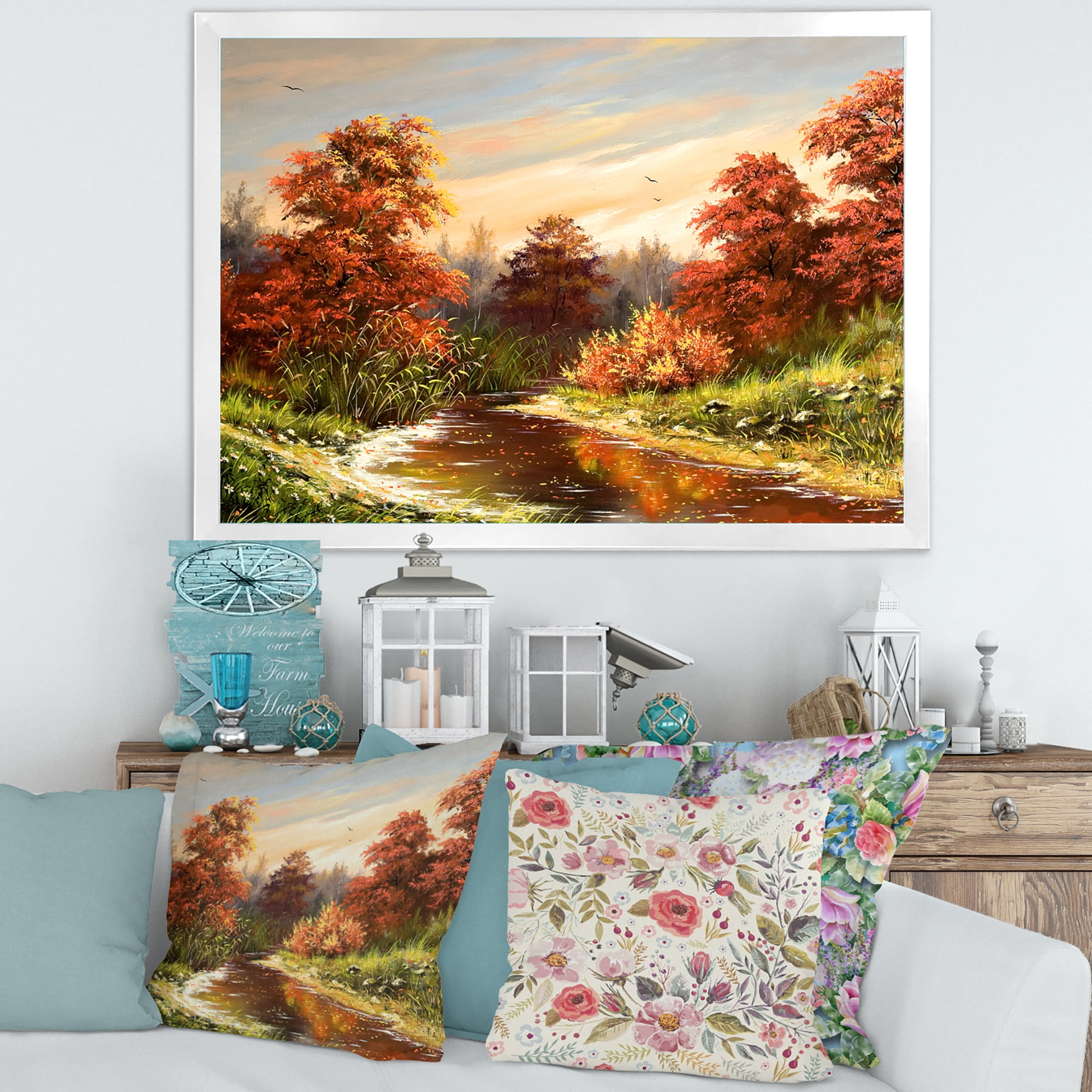 Designart 'The Wood River On A Decline In An Orange Autum Summer' Lake House Framed Art Print