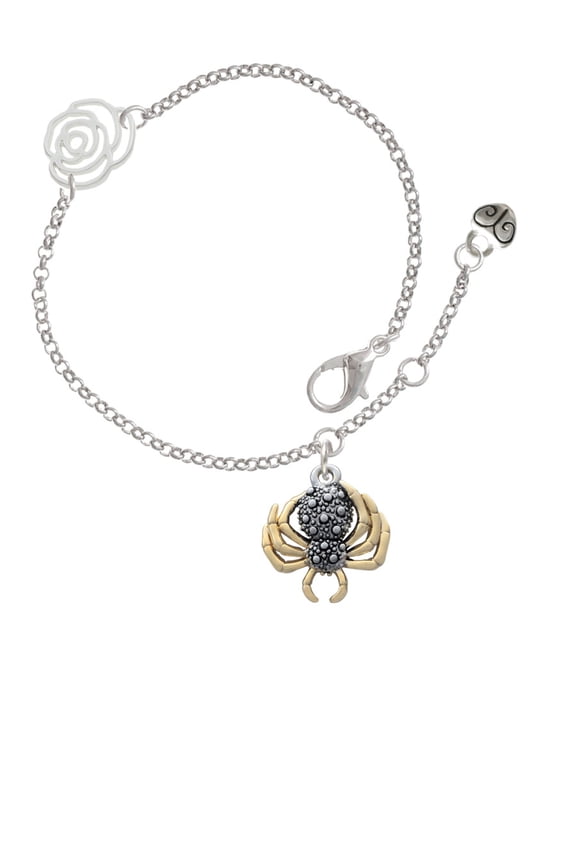 Two-tone 3-D Textured Spider with Legs Silver-tone Rose Link Chain Bracelet, 6.25"+1.75" Extender