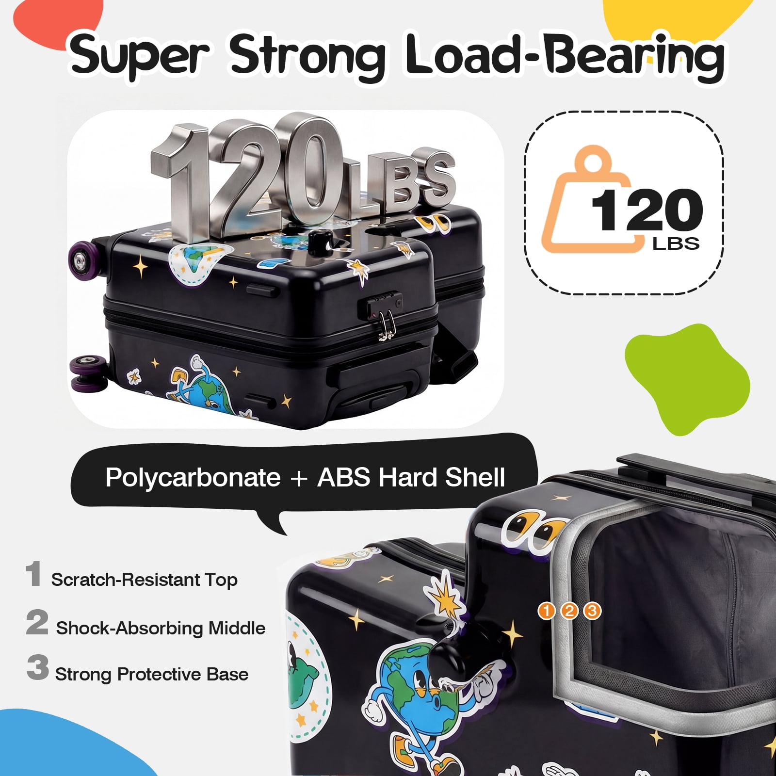 Advwin Kids Ride-On Luggage with Safety Belt, TSA Lock & Footrest, Hardside Spinner Travel Suitcase for Children, Black Space Theme