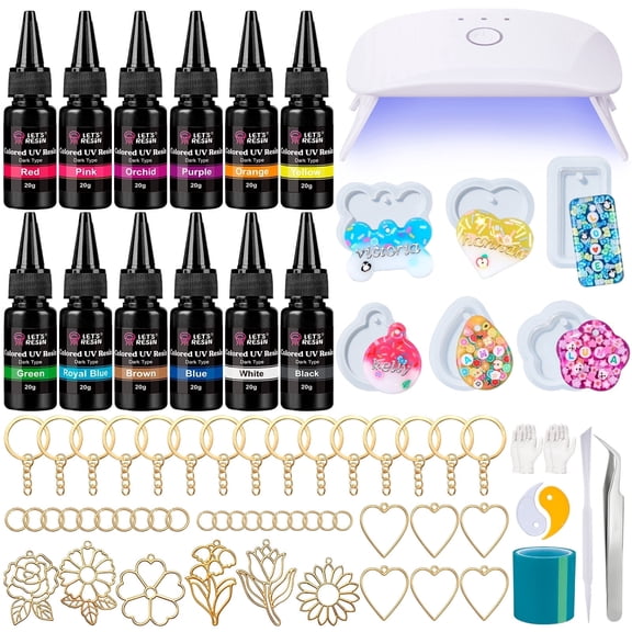LET'S RESIN All-Inclusive Keychain Making Kit, 12-Color UV Resin with Keychain Molds Silicone, UV Light, 6 Styles Flower and Heart Open Bezels for Resin, Jewelry Making Kit for Beginners, Craft Decor