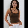 thumbnail image 4 of Camisola de Tirantes para Mujer, , Ajustada, de Punto Acanalado, con Encaje, para Verano, con Cuello Cuadrado y Sin Mangas. Café M, 4 of 10