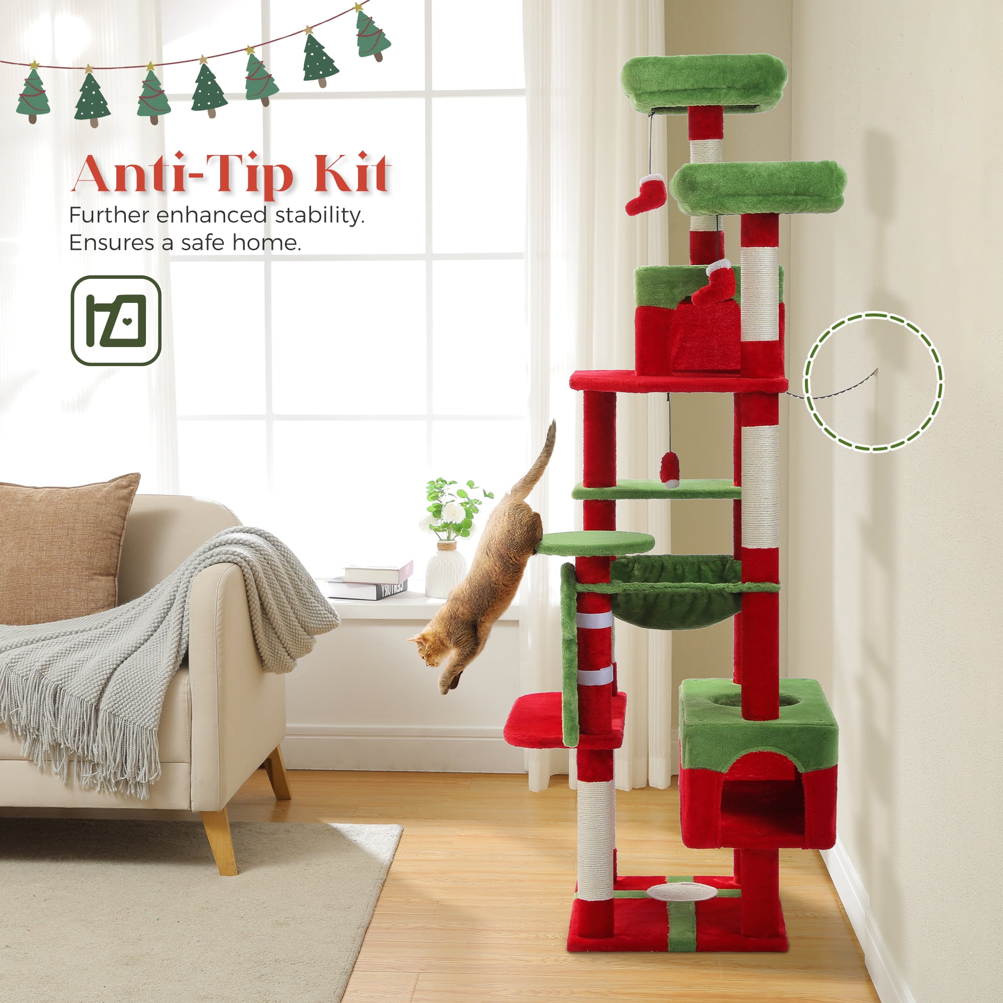 Pawz Road 73" Multi Level Cat tree, Christmas Present for Large Cats, Tall Cat Tower Condo with 7 Scratching Post, Christmas Decor