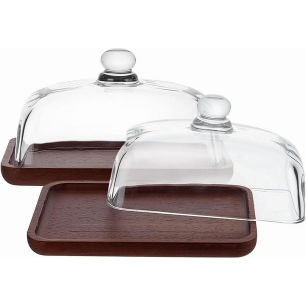 Juego de 2 soportes rectangulares de madera para pasteles con plato y tapa de cristal, base y cúpula de cristal para pasteles. Ideal para repostería. Medidas: 17,5 x 12 cm (6,9 x 4,7 pulgadas).