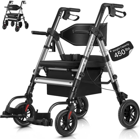 Heavy Duty Rollator Walker for Seniors with Seat, 2 in 1 Rollator Transport Chair with Brakes, 450 lb Rolling Walker 10" Big Wheels for All Terrain, Grey