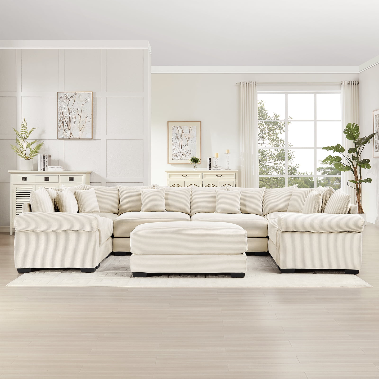 142" Modern Corduroy Sectional Couches for Living Room, Comfortable Corner Couch Sofa, Beige 4 Seater Corner Couch with 1 Ottoman for Flexible Layout, Muebles para la Sala