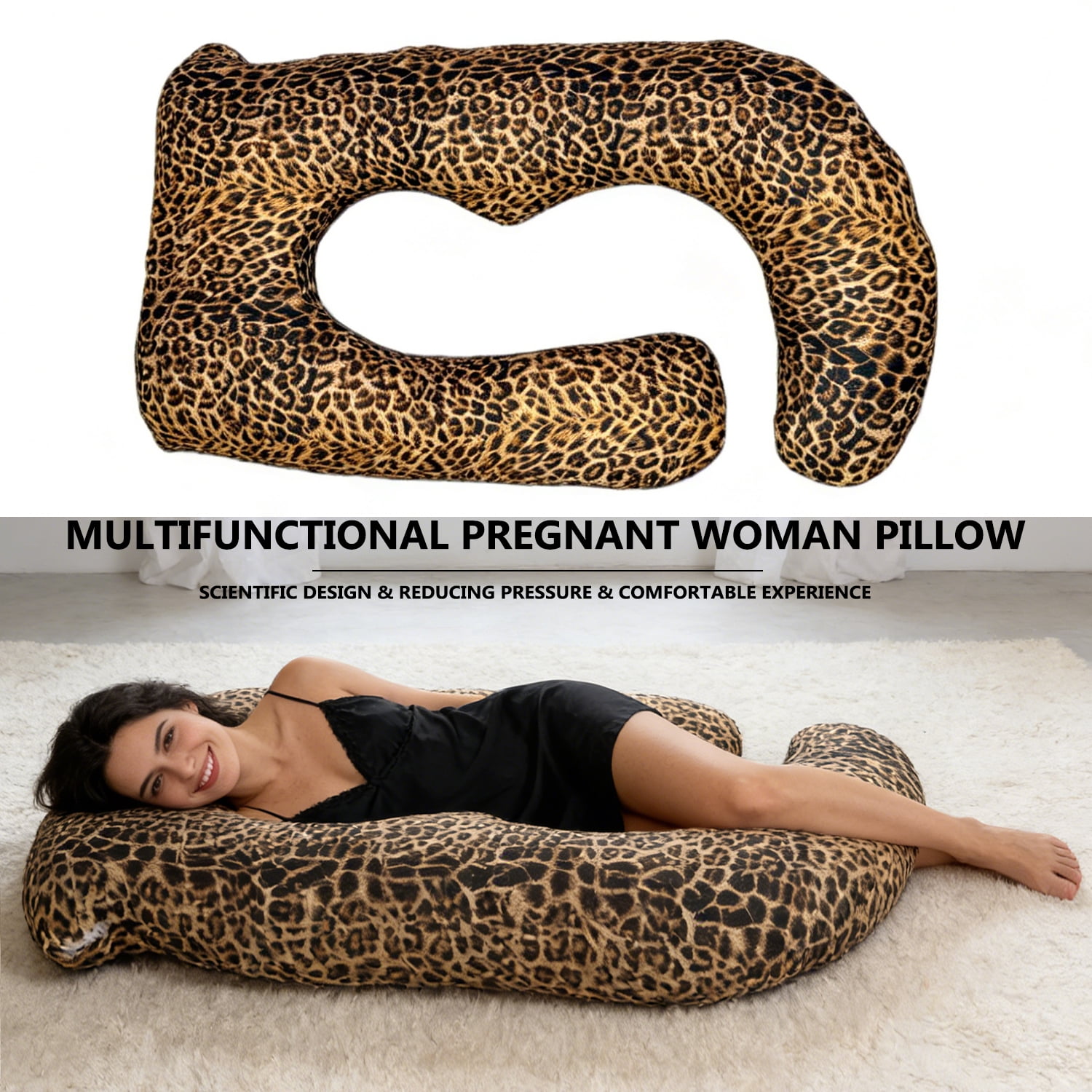 J-Shaped Pregnancy Pillow (65" x 16" x 8") - Full Body Maternity Support Pillow for Back, Hip and Belly Pain Relief, Leopard Print with Heart Pattern