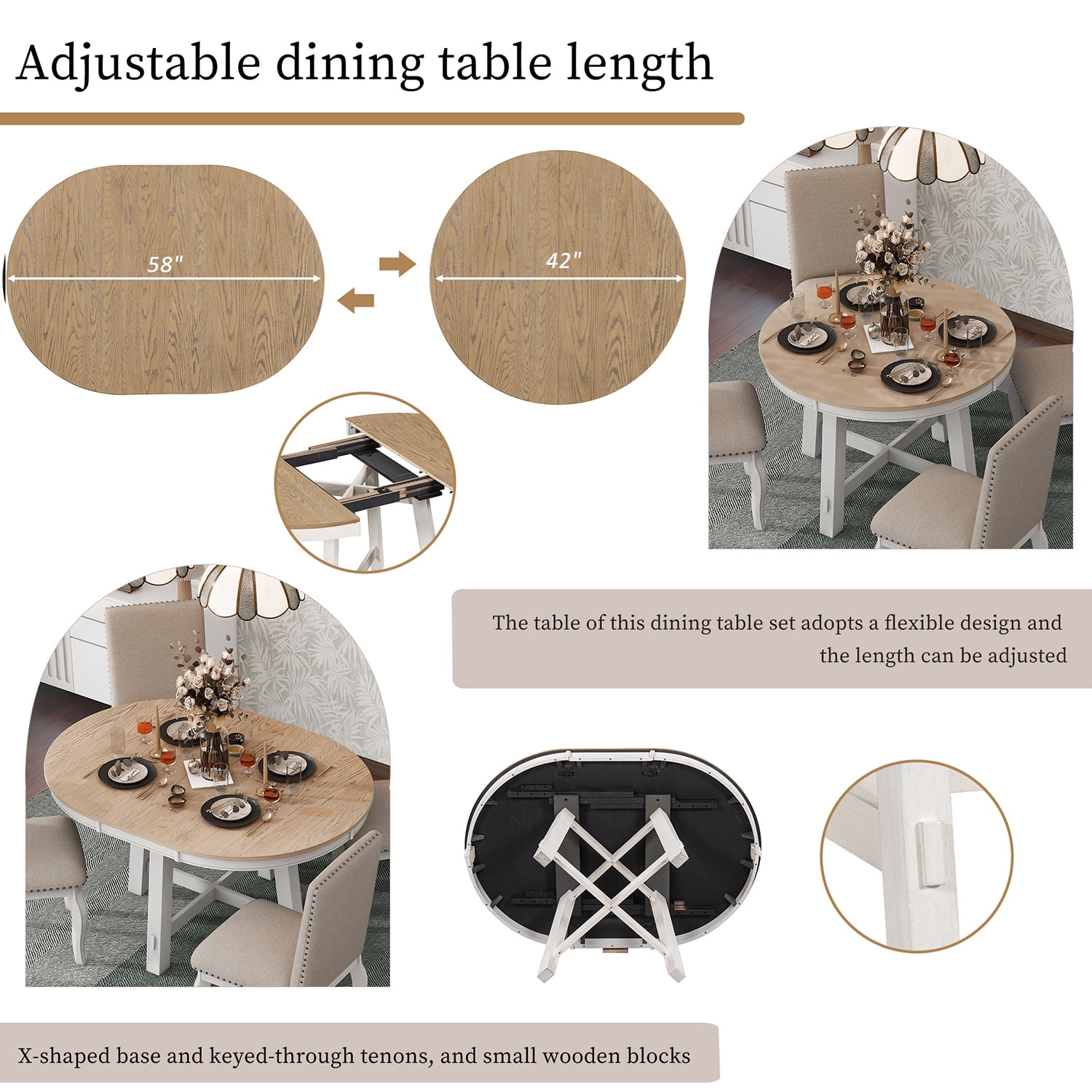 Harper & Bright Designs 5 Piece Farmhouse Dining Table Set Wood Round Extendable Dining Table and 4 Upholstered Dining Chairs, Oak Natural Wood + Antique White