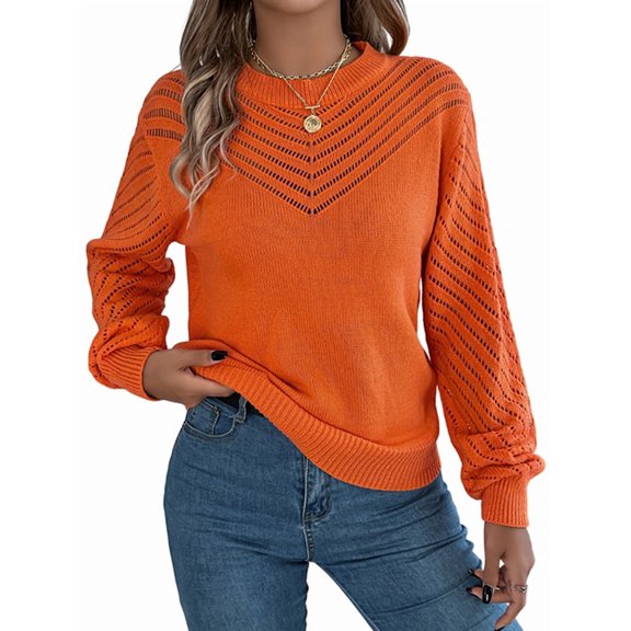 Long Sleeve Shirts for Women Fall Fashion V Neck Hollow Out Sweaters Trendy Solid Loose Comfy Blouses Orange Color M