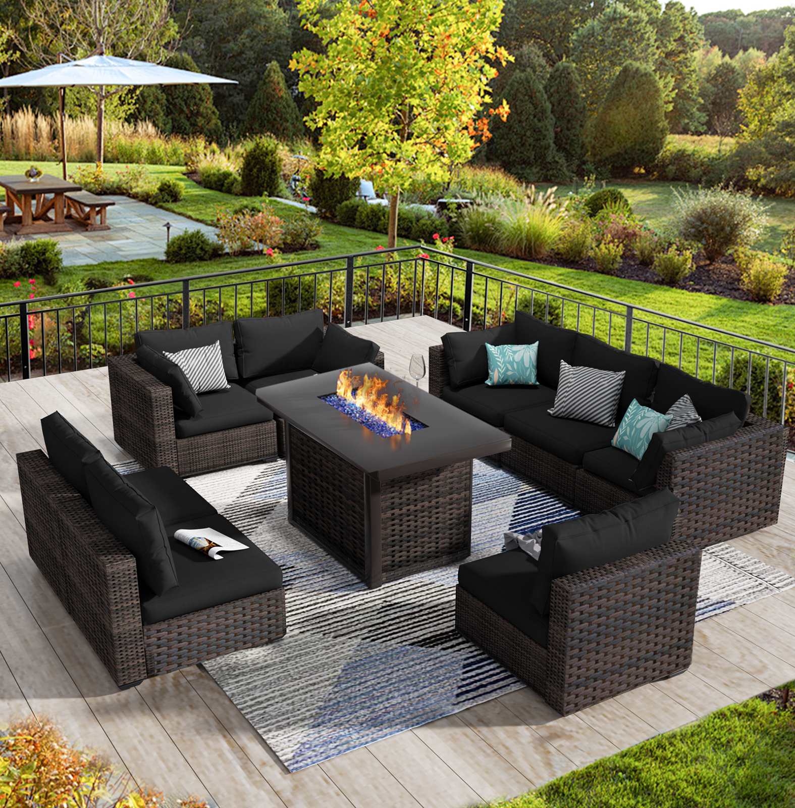 Grezone 9 Pieces Patio Furniture Set with Fire Pit Table, All Weather Outdoor Sectional PE Rattan, Patio Conversation Sets with Gas Fire Pit and Cushions for Garden Lawn Balcony Porch Deck, Black