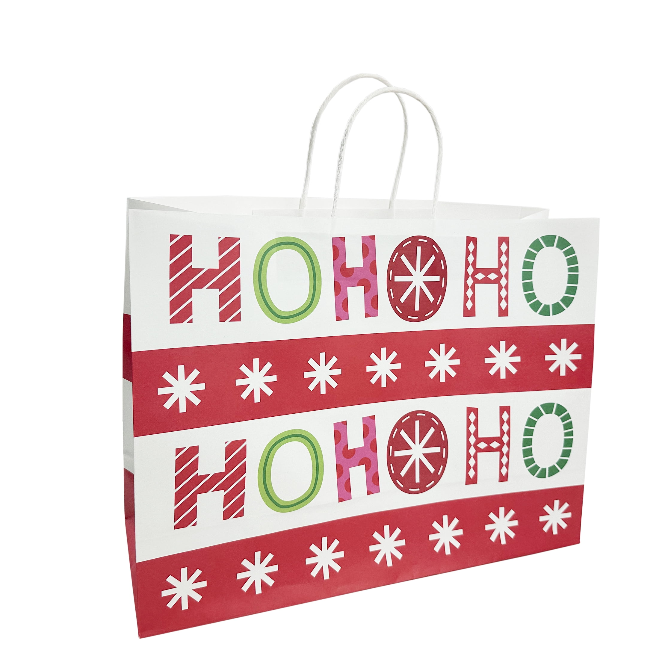 Holiday Time Christmas Gift Paper Bag, XLarge, Santa, Reindeer, Snowflake, Hohoho, 16x6x12in