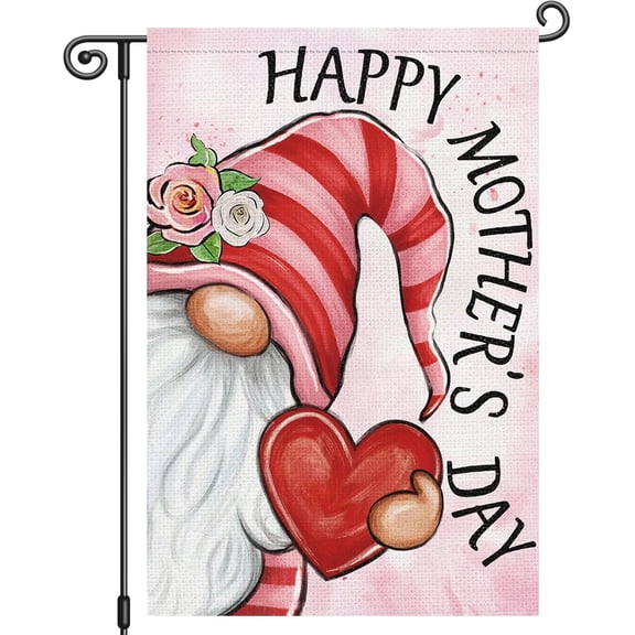Happy Mother''s Day Garden Flag Gnome with Love Heart Welcome 12x18 Inch Double Sided Small Burlap for Mom Holiday Yard Outdoor Sign Outside Home House Decoration