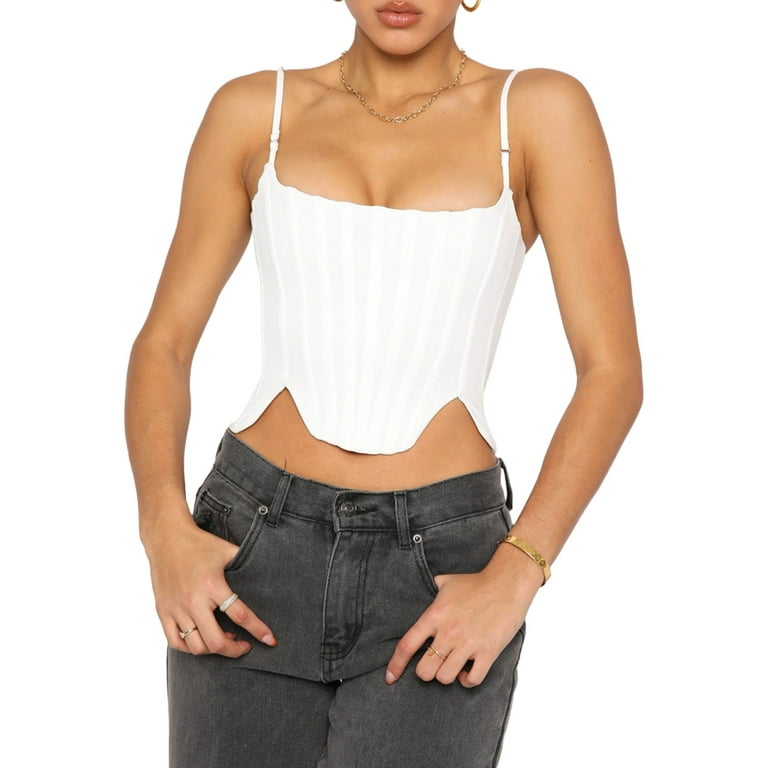 Women Bone Camisole Spaghetti Strap Crop Top Low Cut Square Neck Irregular  Hem Zip Back Vintage Corset Crop 