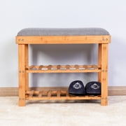 3-Layer Bamboo Bench at the Entrance with Two Shoe Racks and Soft Seat Cushions, Suitable for Entrance, Living Room, Bedroom and Balcony