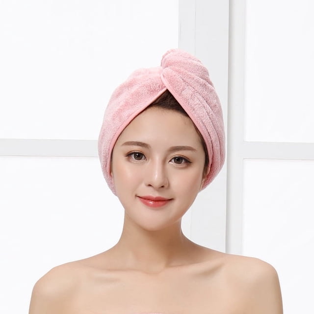 Toalla para la cabeza de color rosa pálido, toallas de microfibra para secar el cabello, turbante envolvente súper absorbente con botón, cabello seco rápido para mujeres