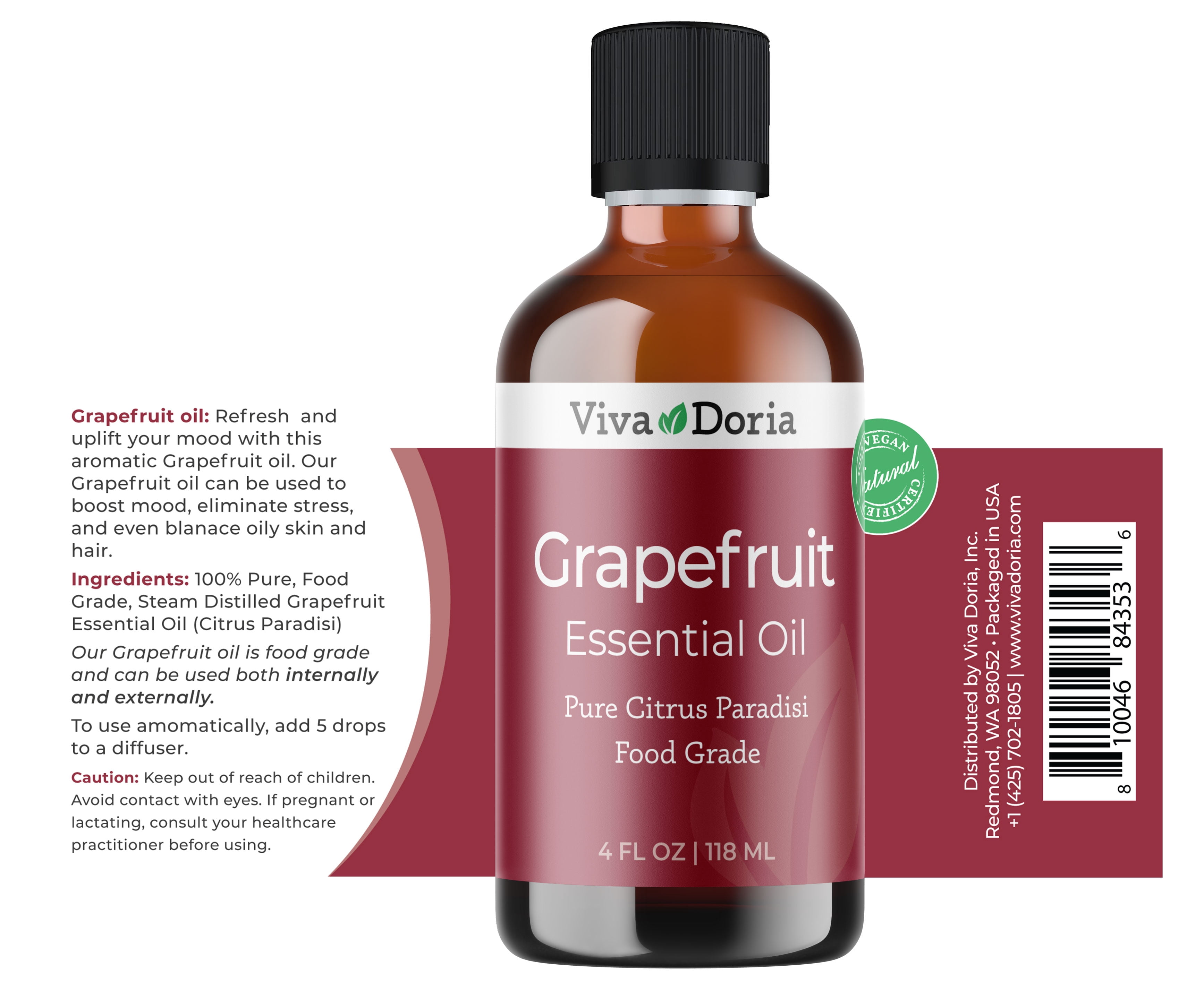 Viva Doria Pure Grapefruit Essential Oil, Undiluted, Food Grade, 118 mL (4 Fluid Ounce)