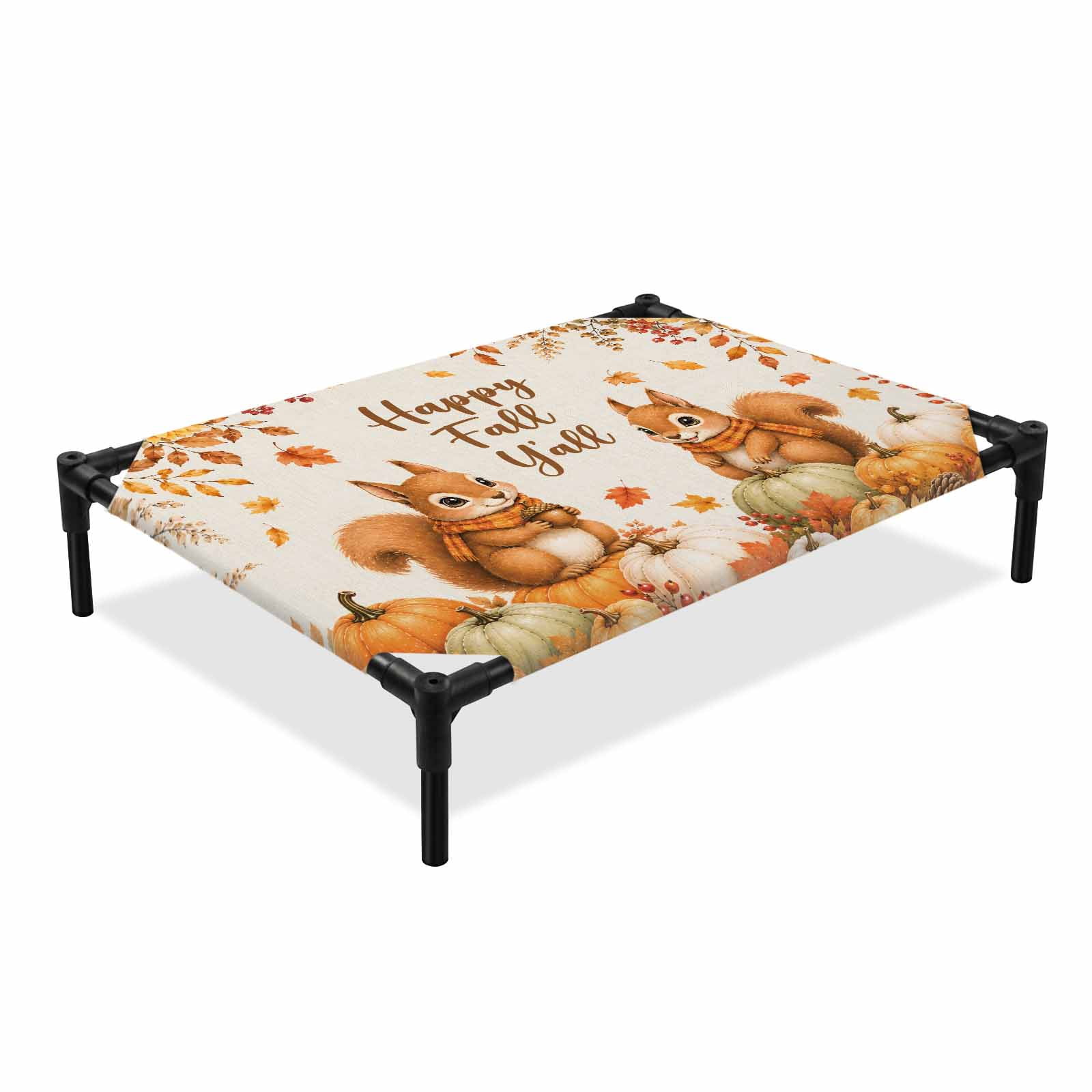 Thanksgiving Elevated Dog Bed Vintage Happy Fall Squirrels White Pumpkin Maple Leaf Cooling Breathable Outdoor Raised Dog Cot Bed with Metal Frame Non-Slip Feet for Medium Dog 24x20in