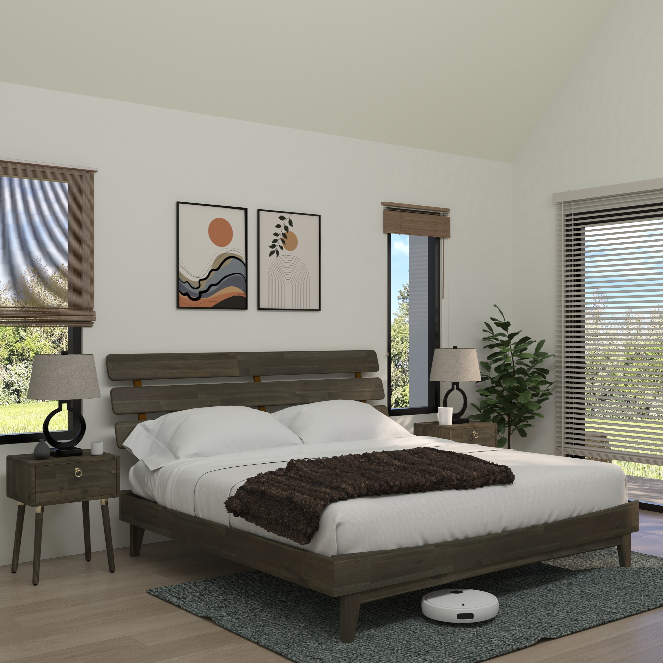 Dalen 45" King Bed Frame, Adjustable Headboard, Mid-Century, Solid Wood, Mocha