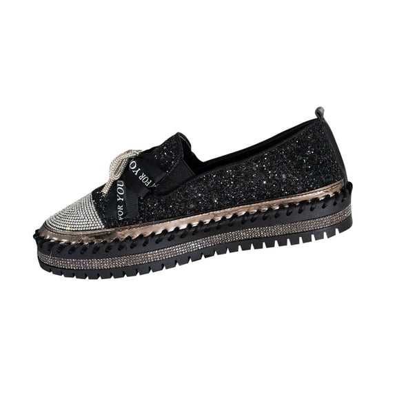 Black Bow-Knot Sparkling Flat Shoes For Women With Rhinestone And Thick-Soled Design Sequined For A Stylish And Comfortable Fit