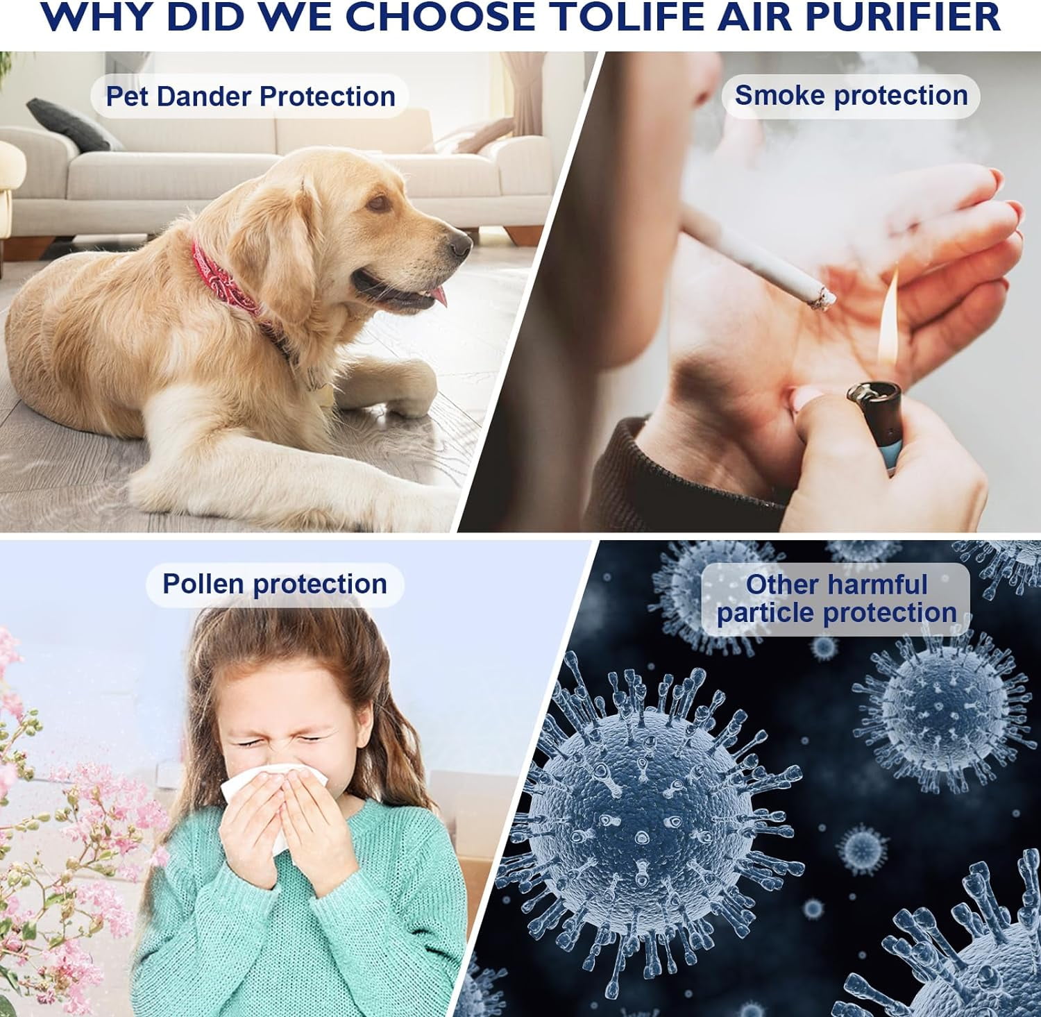 ToLife Air Purifiers for Home - HEPA Filter Air Cleaner for Pet Hair, Allergies, 99.97% Smokers, Dust, Pollen, Odor Eliminators for Bedroom up to 215 Sq.ft - Black