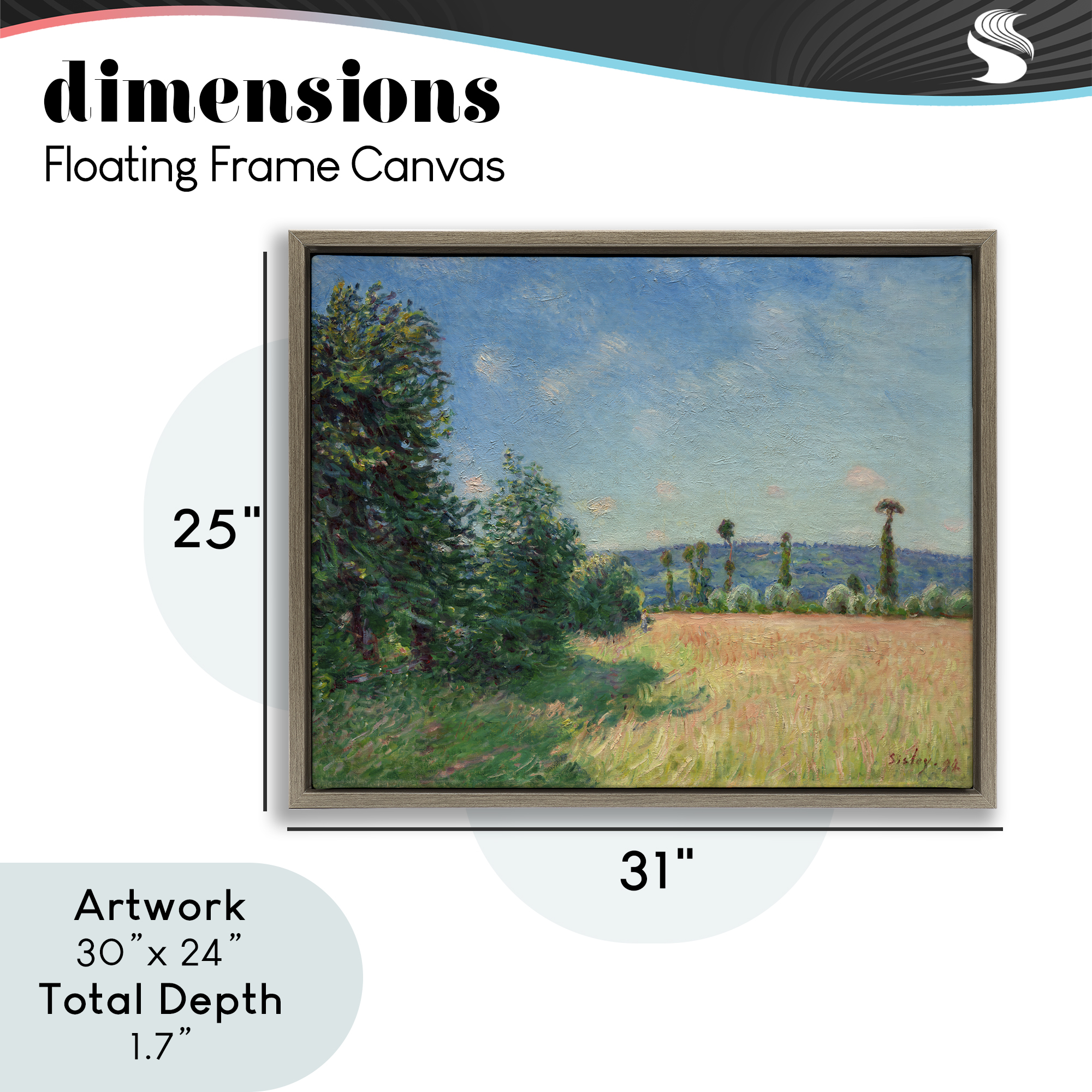 Sahurs Meadows in Morning Sun Brown Framed Floater Canvas Wall Art, design by Alfred Sisley