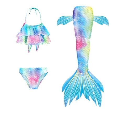 Toimothcn Swimsuit For Girls Sleeveless Casual Fish Scale Printed 3 Piece Tail Bikini Set Quickly Dry Cover Up Swimwear 8-9 Years