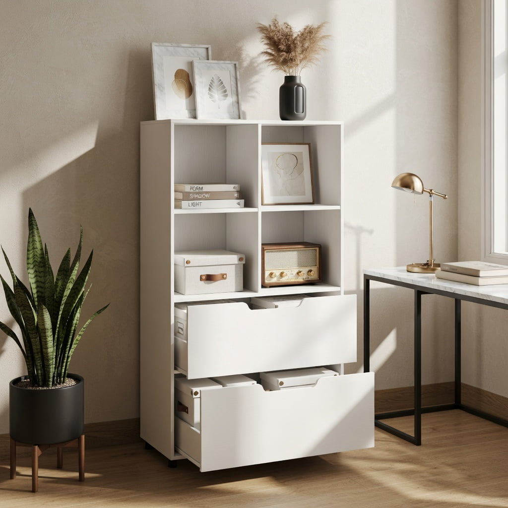 Demi Bonn 4-Tier Wood Open Bookcase with 2 Drawers and 4 Storage Cubes, White