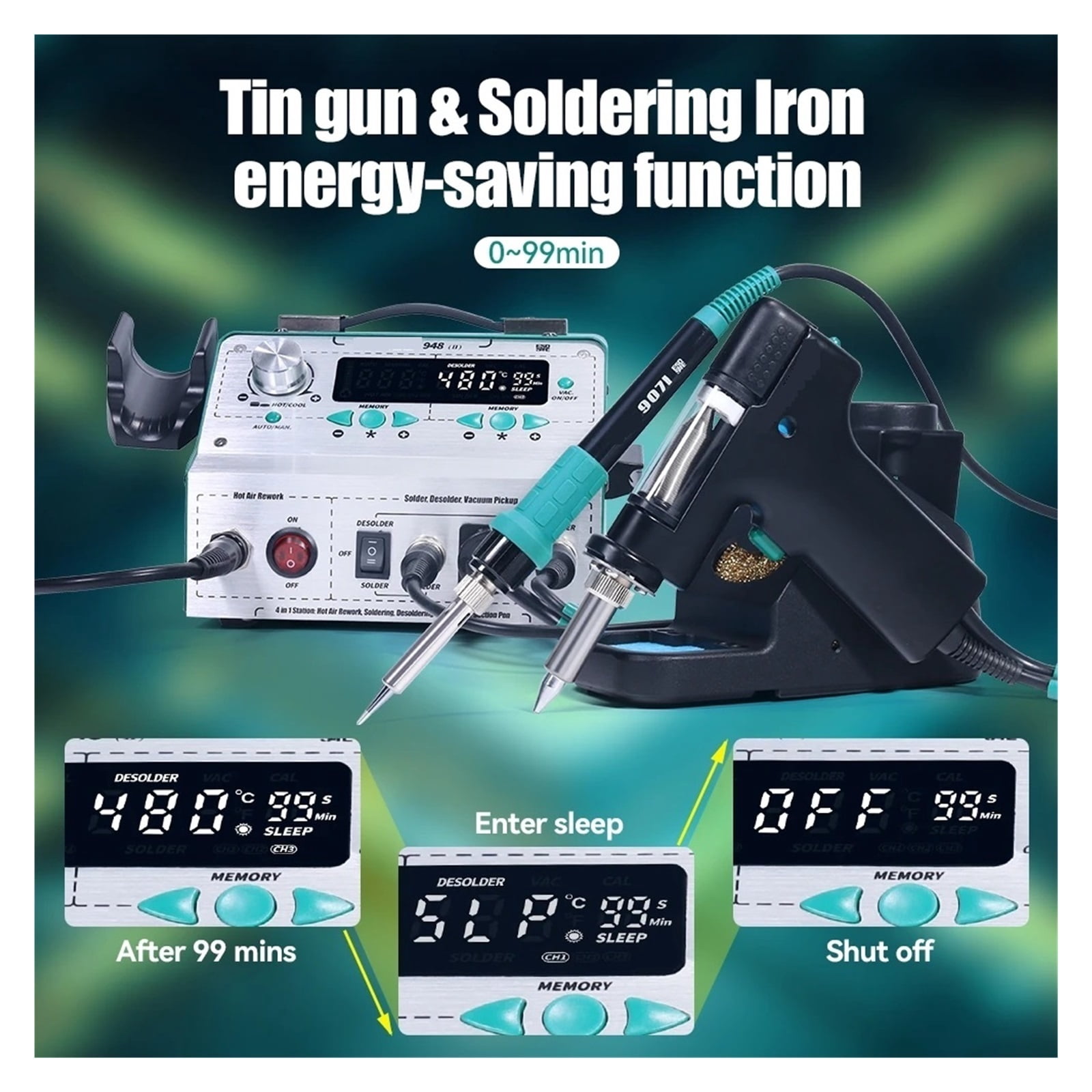 948-II 4 In 1 Desoldering Hot Air Gun Rework Soldering Iron Suction Tin Gun Pick Up Pen Desoldering Soldering Station ,Fast Heating and Auto Hibernate
