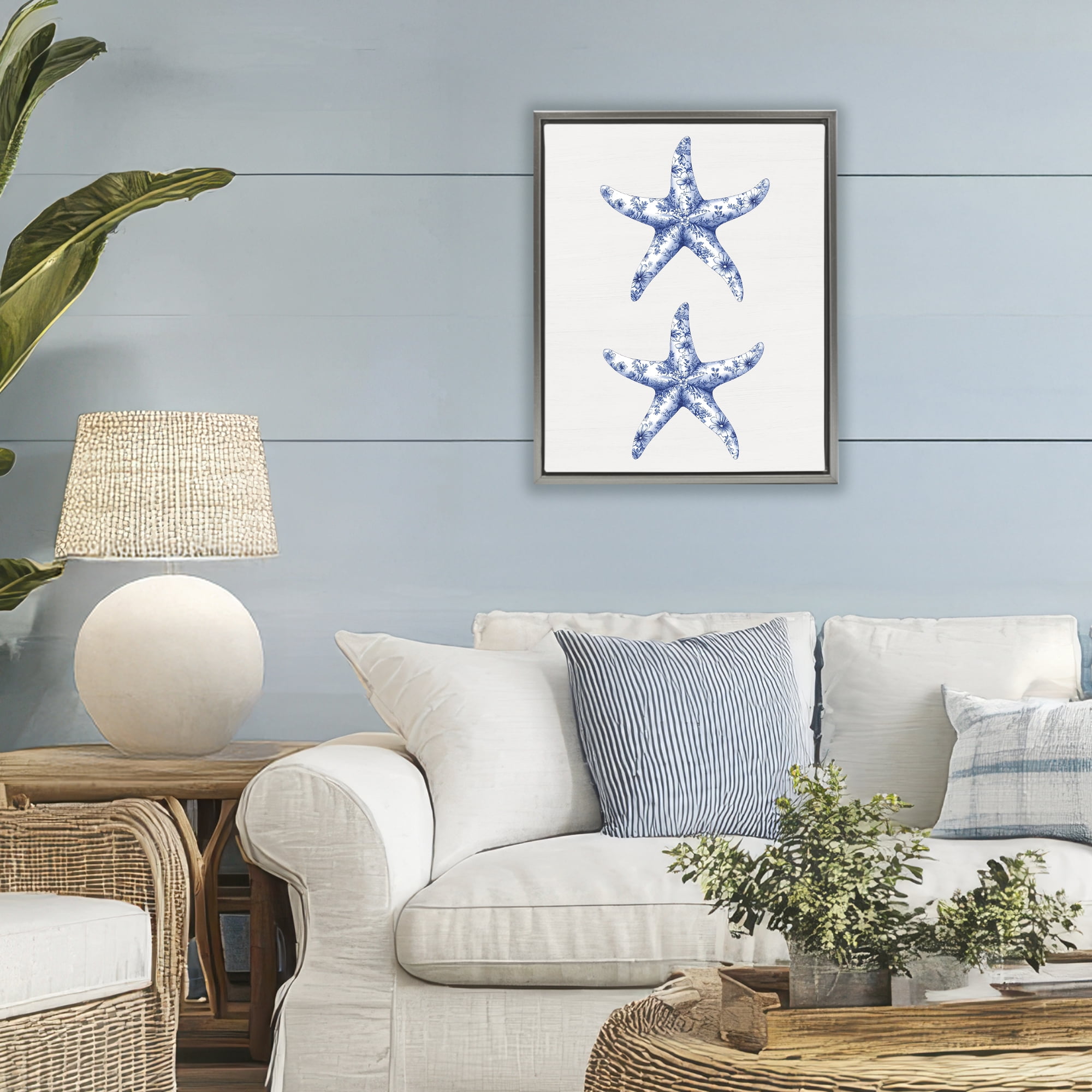 Vintage Toile Starfish Gray Framed Floater Canvas Wall Art, design by Lettered and Lined