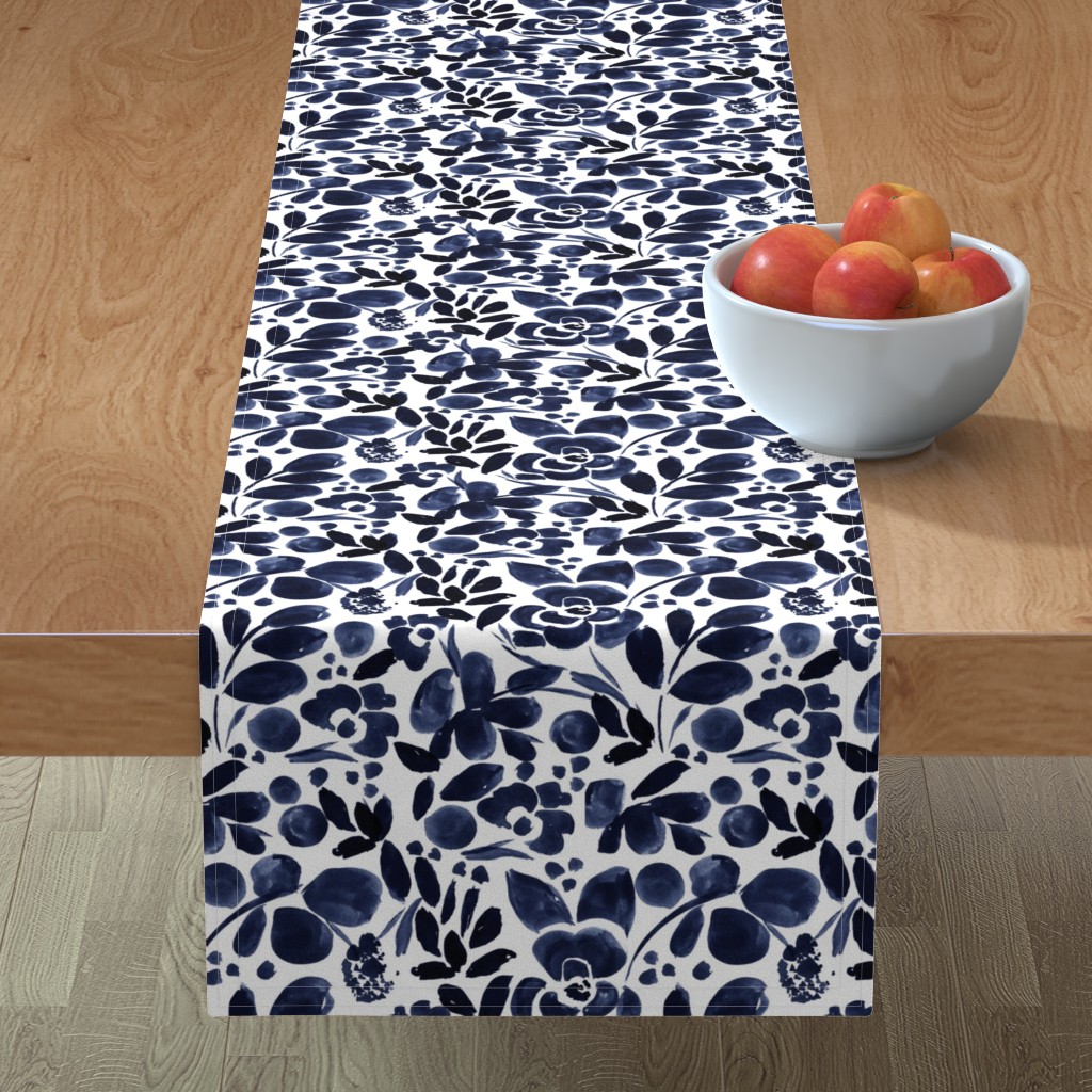Cotton Sateen Table Runner, 90" Navy Floral Watercolor Blue Vintage