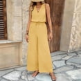 thumbnail image 5 of Elegant Linen Jumpsuit Womens Sleeveless V Neck Wide Leg Drawstring Waist Long Romper Pants with Pockets Yellow S, 5 of 9