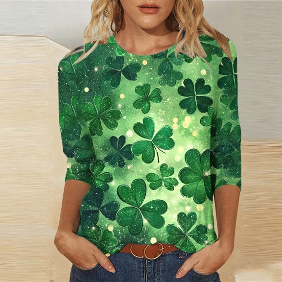 St. Patrick's Day Shirt for Women Glitter Clover Graphic T-Shirt 3/4 Sleeve Crewneck Festival Apparel Shamrock Print Sparkle Irish Holiday Tops