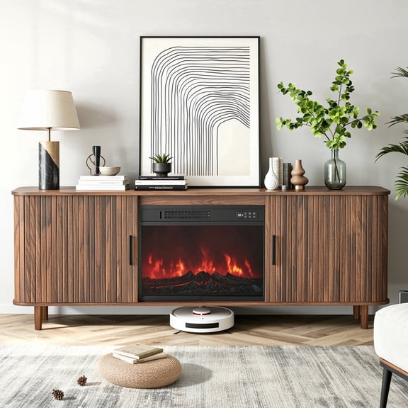 Dovov 70" Fireplace TV Stand for TVs Up to 80", Modern Fluted Entertainment Center Media Console Cabinet with 23" Electric Fireplace and Sliding Door, Walnut